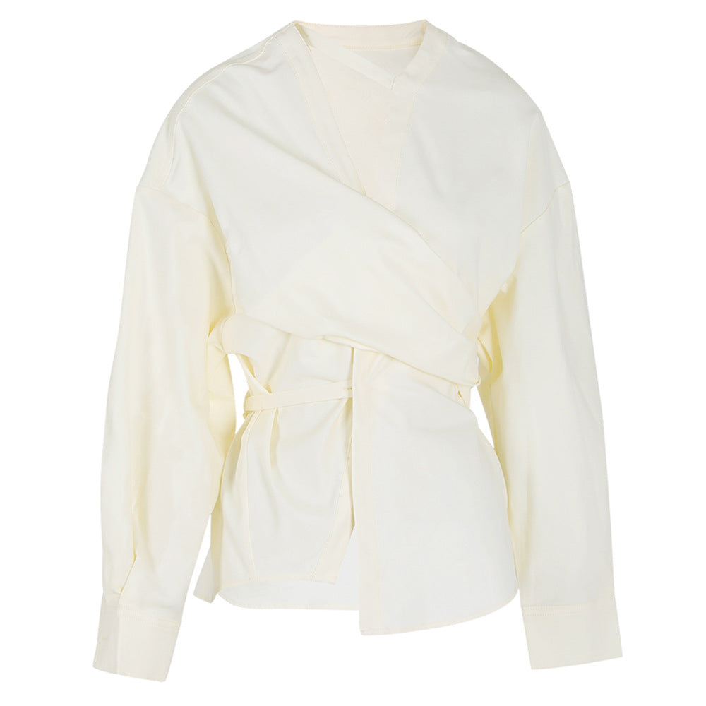 Asymmetrical belted long sleeve shirt - Kolru