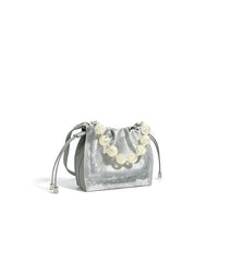metallic drawstring shoulder bag with pearl handle – OLIVE