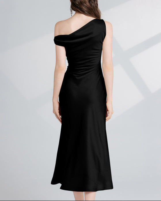 asymmetric satin midi dress with draped shoulder - AURWA