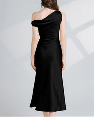 asymmetric satin midi dress with draped shoulder - AURWA