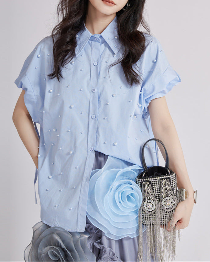 Button-up shirt with ruffled sleeves and embellished neckline - Sirti