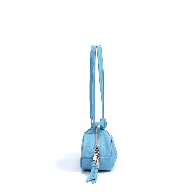 mini shoulder bag in sky blue pebbled leather – AZURA