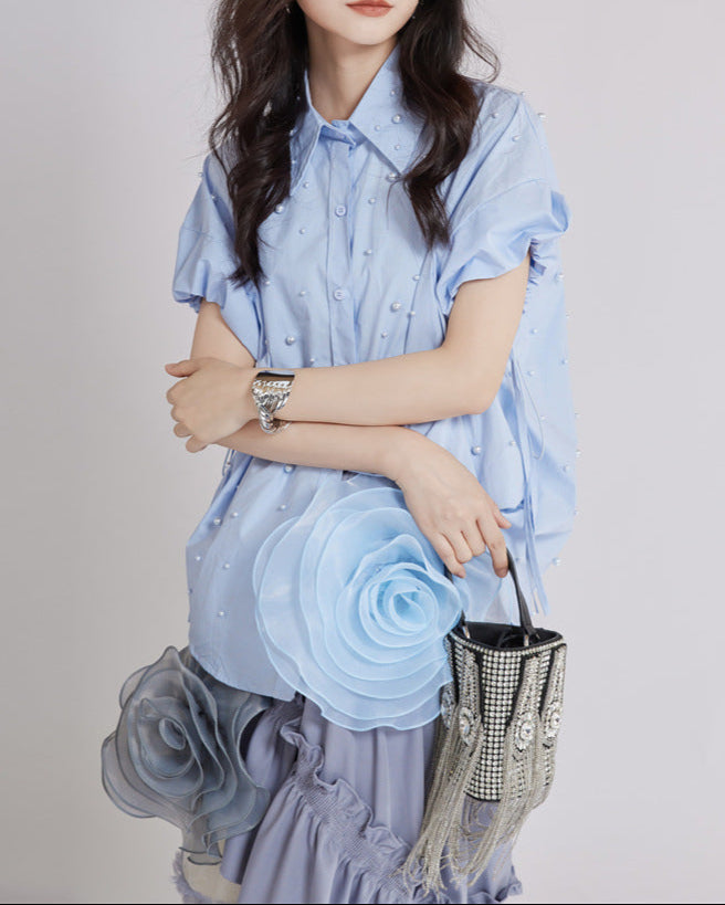 Button-up shirt with ruffled sleeves and embellished neckline - Sirti
