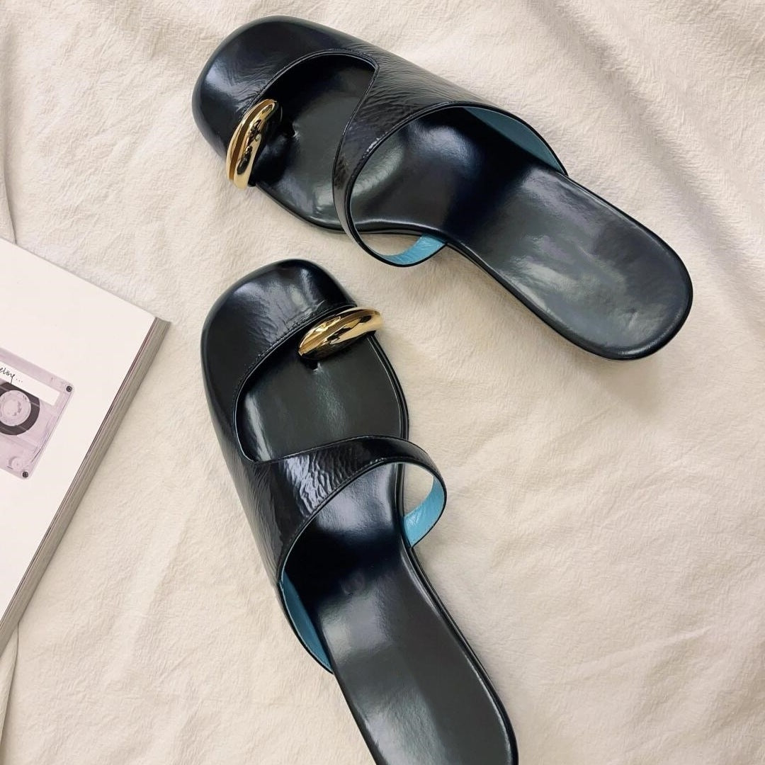 sage leather slides with silver oval accents – LYIERA