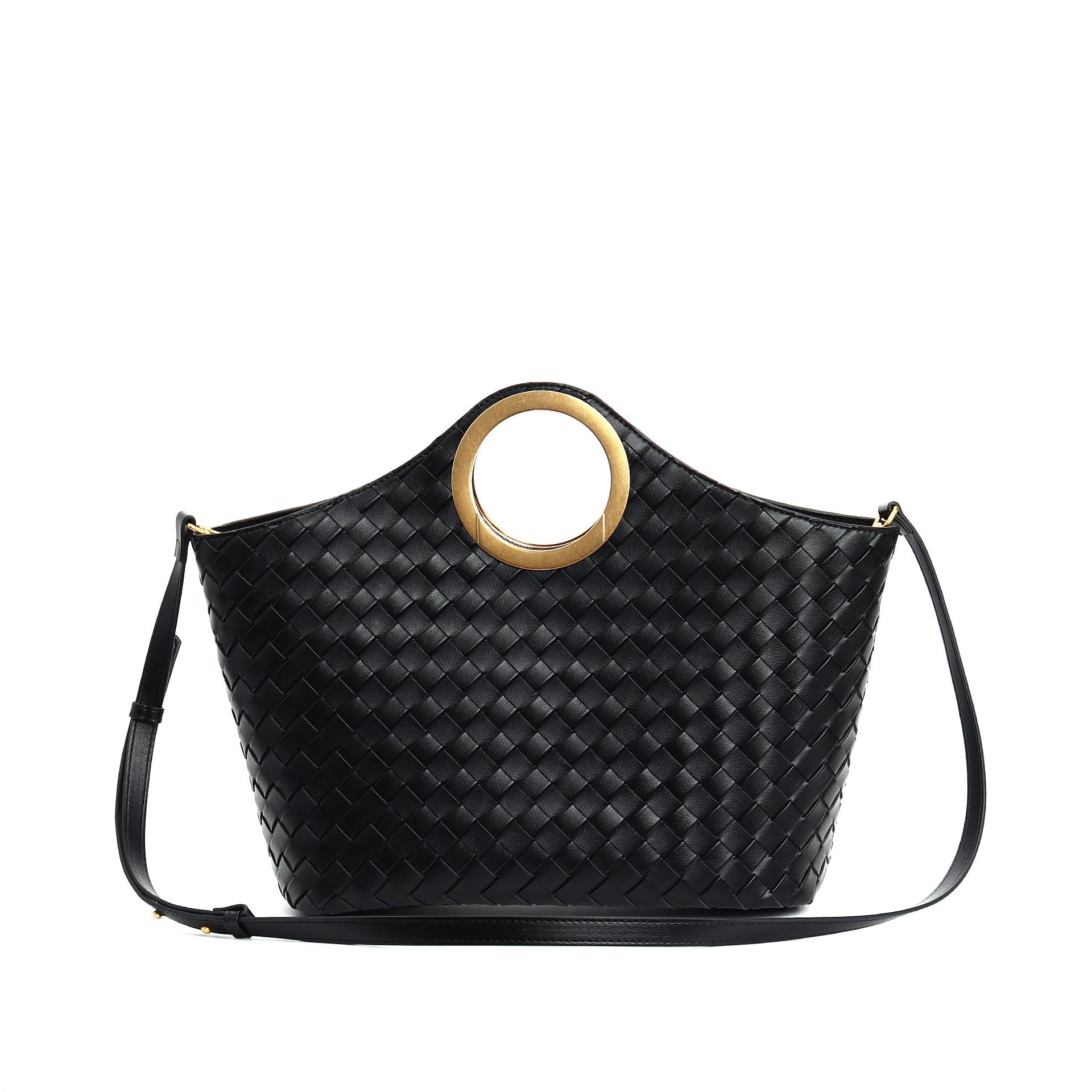 woven leather tote with circular metal handle - ARYAX