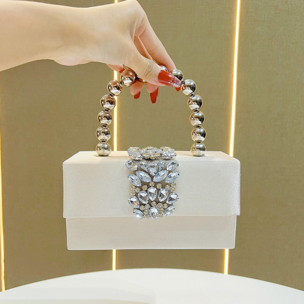Rhinestone embellished box clutch with spherical handle - Entidu