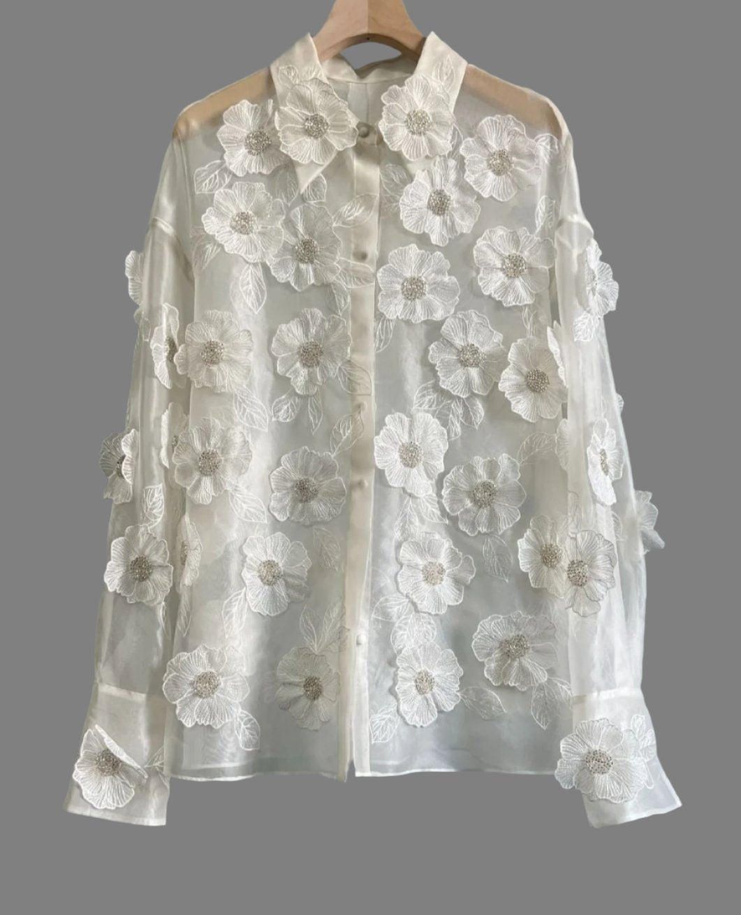 sheer organza shirt with 3D floral appliqué - Geneydr