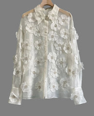 sheer organza shirt with 3D floral appliqué - Geneydr