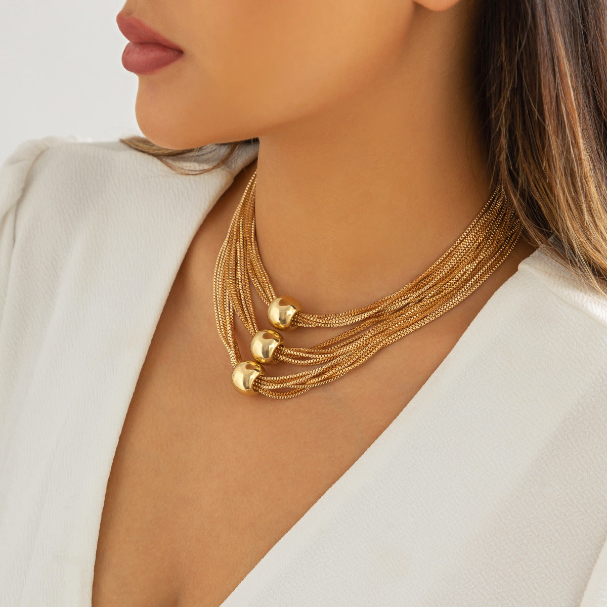 Multi-strand chain necklace with trio beads - Nhjlu