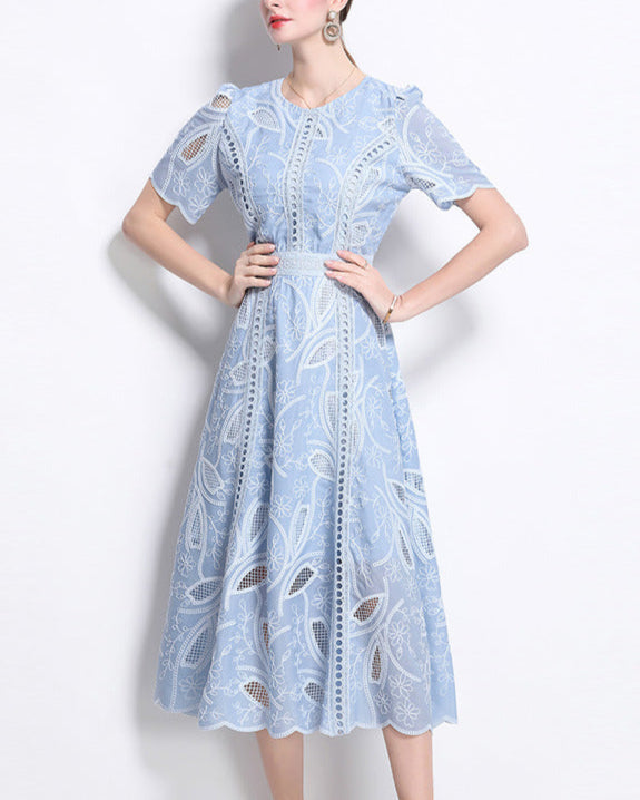 embroidered flare dress with leaf cutouts – OLIVEA