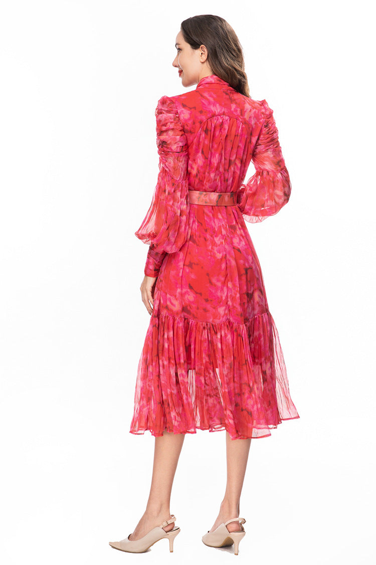high-neck chiffon midi dress with ruched sleeves – YTAGR