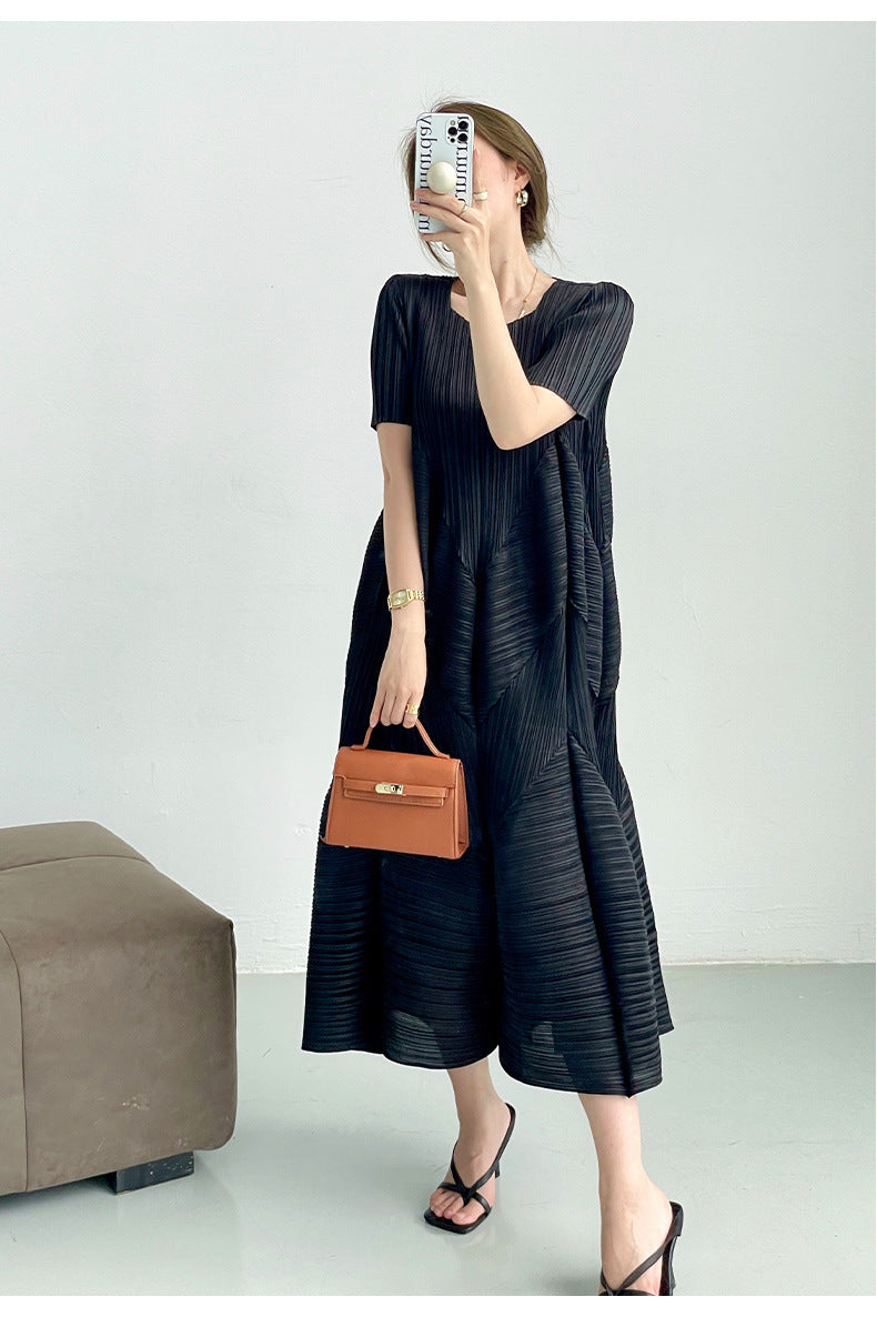 leated A-Line Midi Dress with Geometric Texture – SERENE