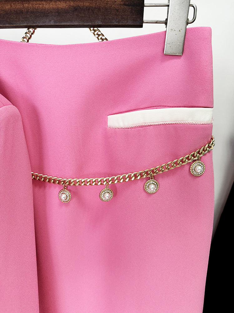 Tailored blazer skirt set with pearl chain detail – DELINES
