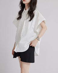 Button-up shirt with ruffled sleeves and embellished neckline - Sirti