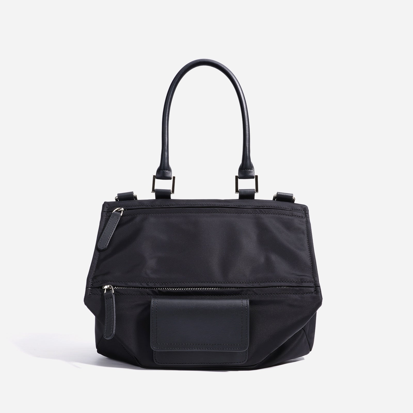 structured nylon tote with leather handles and double zip pockets – TAMRA