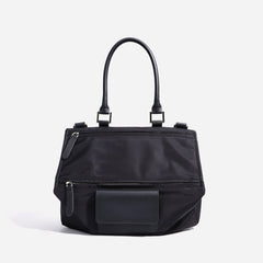 structured nylon tote with leather handles and double zip pockets – TAMRA