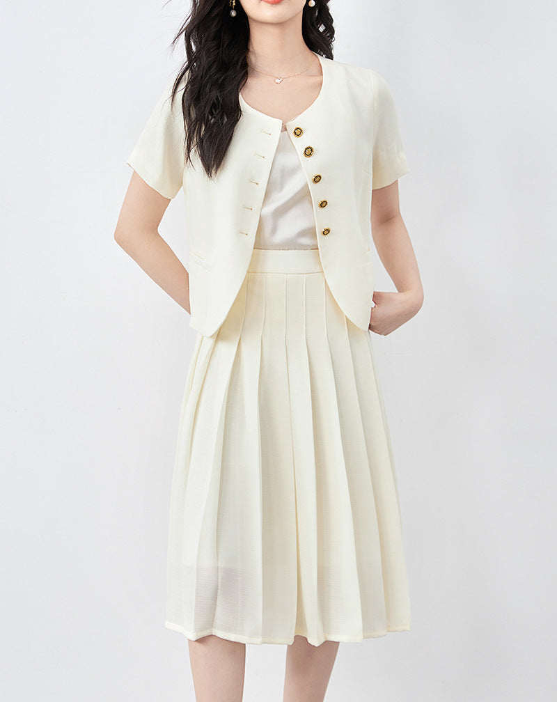 pleated midi suit with short-sleeve blazer - BELLES
