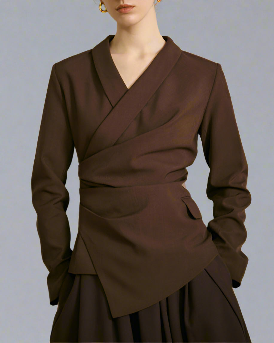 Asymmetrical Draped Blazer Top with V-Neckline - Vancu