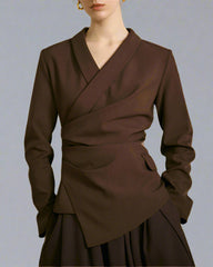 Asymmetrical Draped Blazer Top with V-Neckline - Vancu