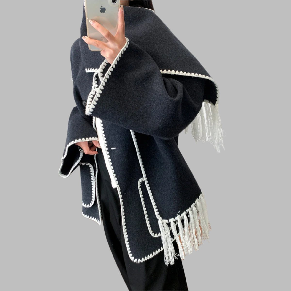 fringed cape jacket with contrast trim – Teghan