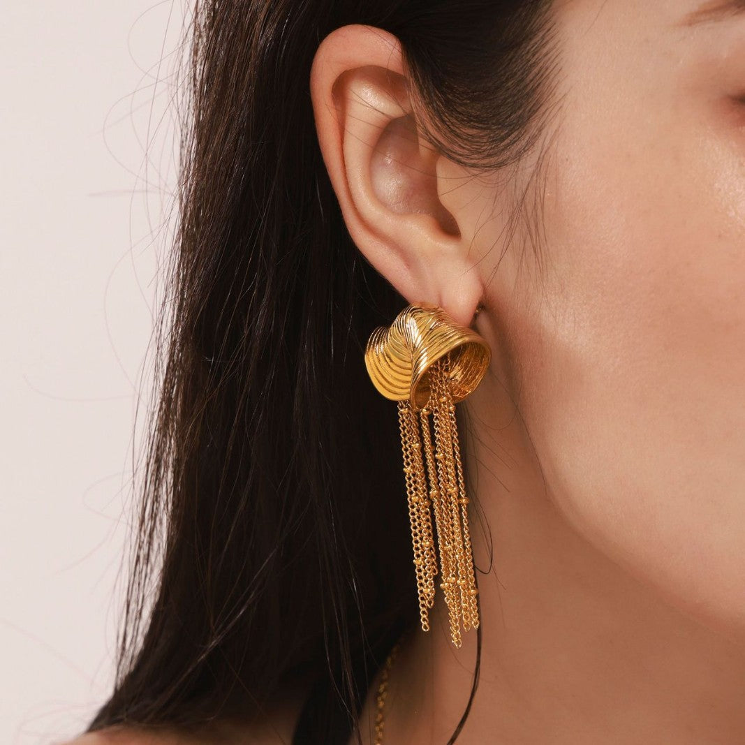 sculpted gold fan earrings with cascading chain tassels – VALINA