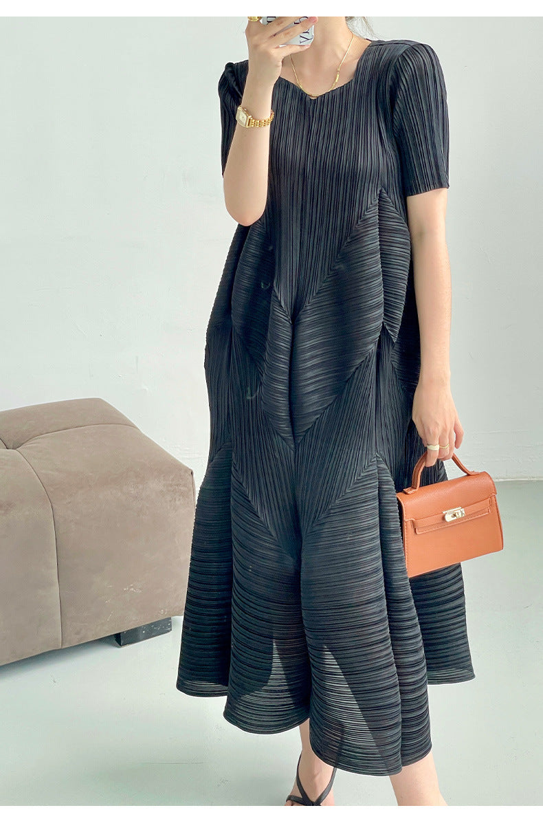 leated A-Line Midi Dress with Geometric Texture – SERENE