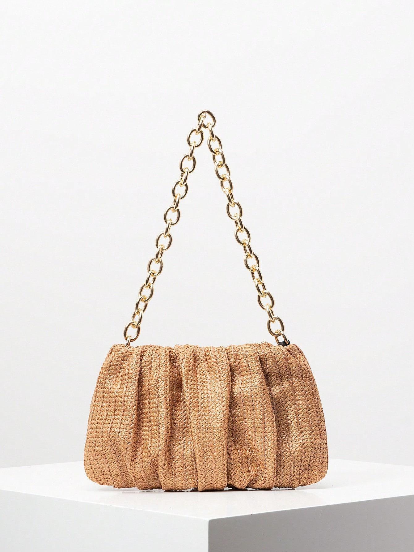 Pleated straw clutch with gold chain strap – Bintru