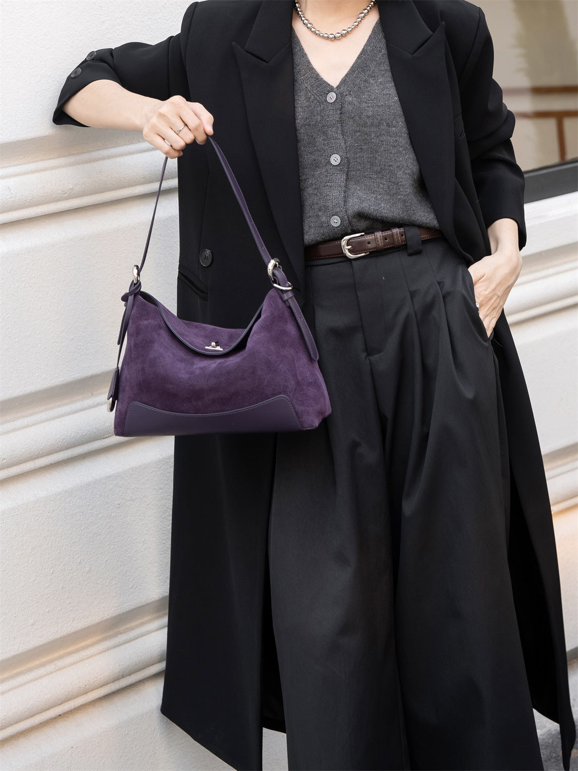 suede crescent hobo bag with leather trim – VERAL
