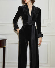 Velvet wide-leg jumpsuit with sash - Vundru
