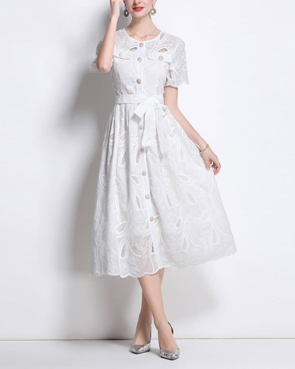 belted shirt dress with embroidered cutwork – CELESTE