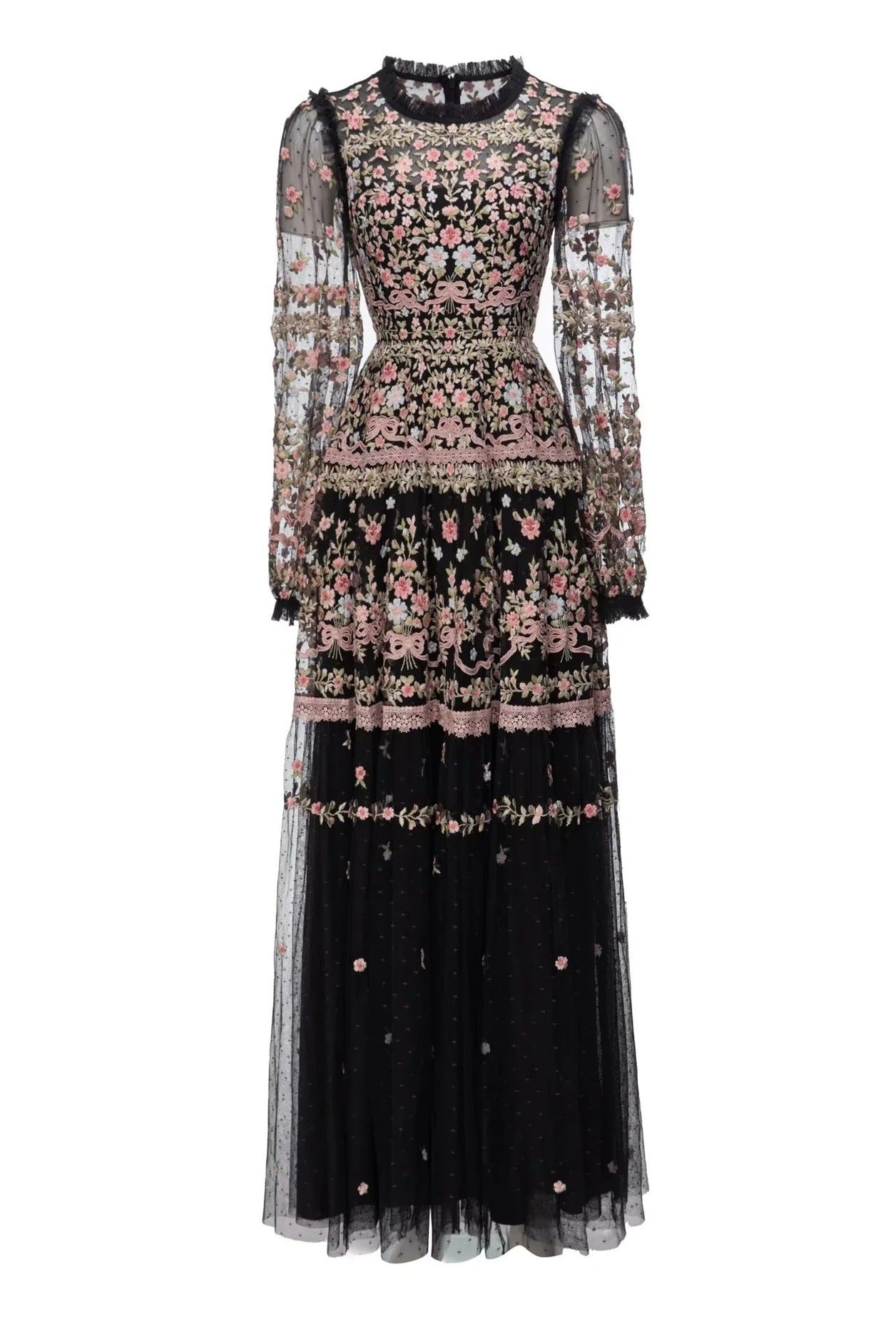 sheer embroidered tulle gown with floral motifs – Fikwesd