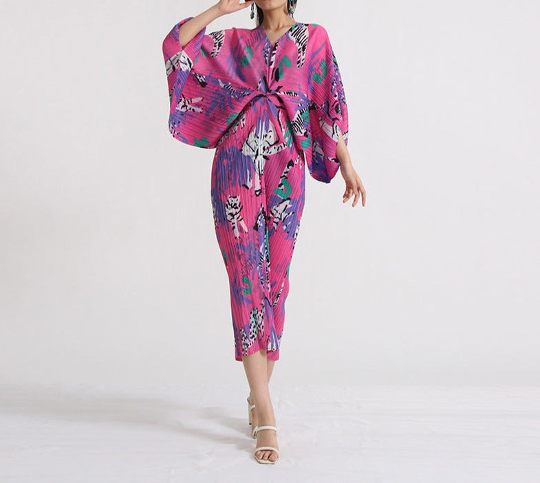 pleated midi dress with vibrant animal print – Tikia