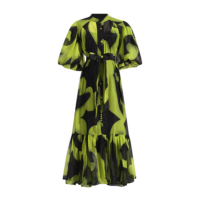 puff-sleeve tiered maxi dress with abstract print – ZARA