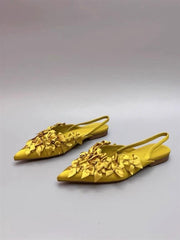 black satin slingback flats with 3D floral appliqué – NOIRIA
