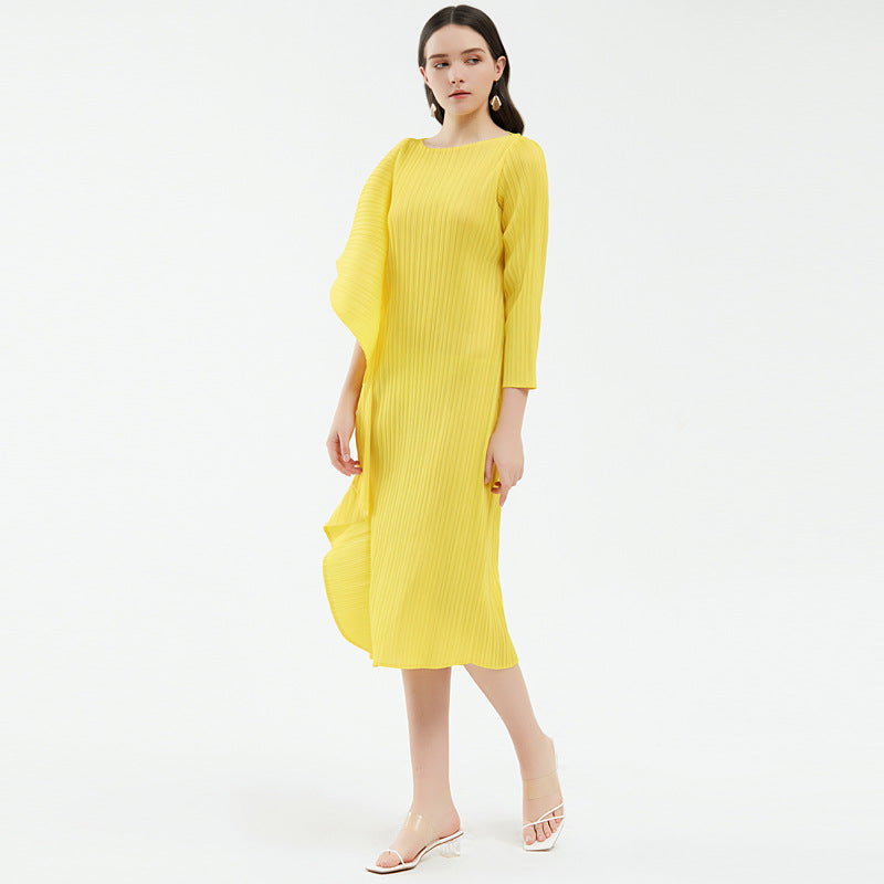 pleated midi dress with asymmetric ruffle – Ysabelle