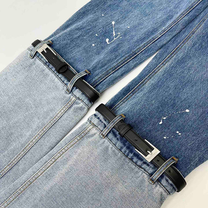 paint splatter wide-leg jeans with layered cuff detail - Aanada