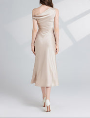 asymmetric satin midi dress with draped shoulder - AURWA