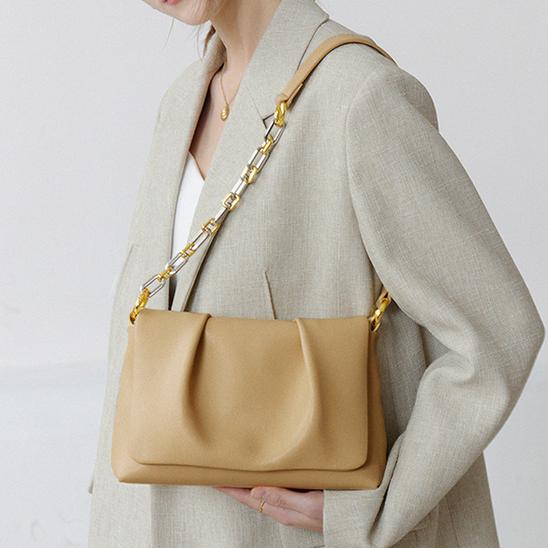 soft pleated shoulder bag with mixed metal chain strap – AMATRA