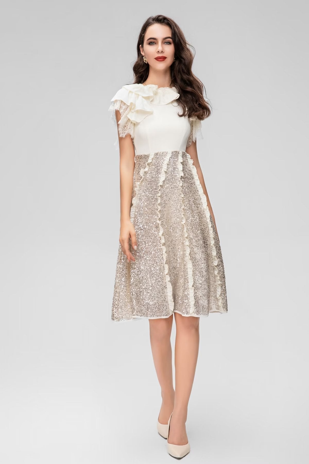 ruffle sleeve dress with sequin A-line skirt – Aafrreeda