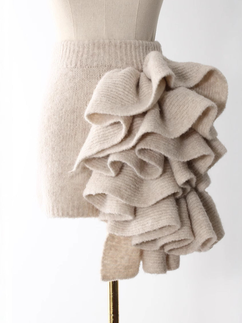turtleneck knit top with maxi coat and ruffle detail - Logenh