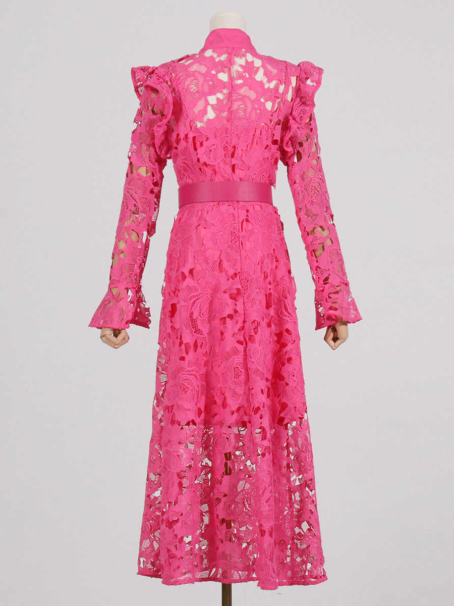 long-sleeve lace midi dress with belt – Tesoro