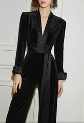 Velvet wide-leg jumpsuit with sash - Vundru
