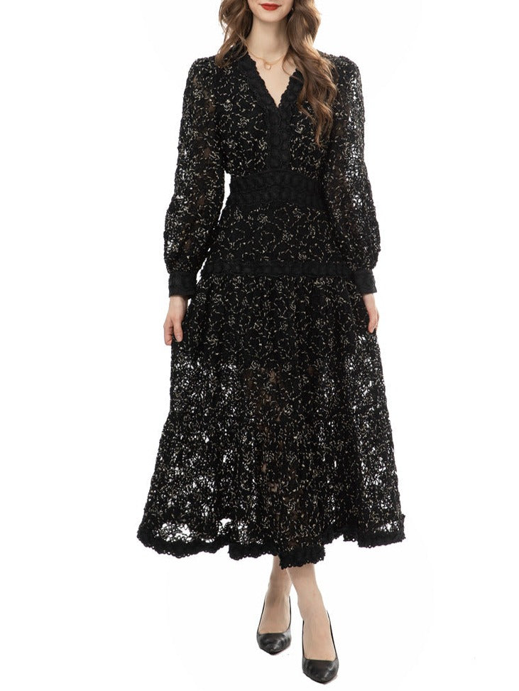 long-sleeve lace midi dress with scalloped neckline – Drance