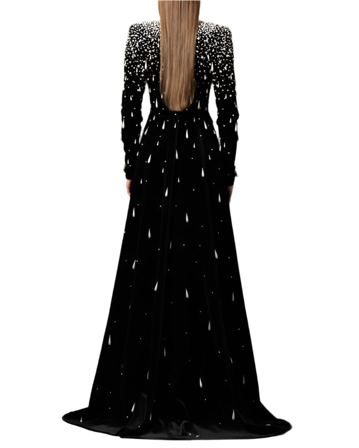Long sleeve velvet gown with pearl cascade - Sinmu