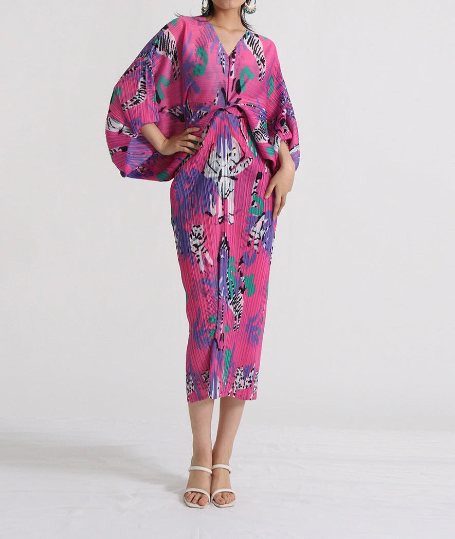 pleated midi dress with vibrant animal print – Tikia