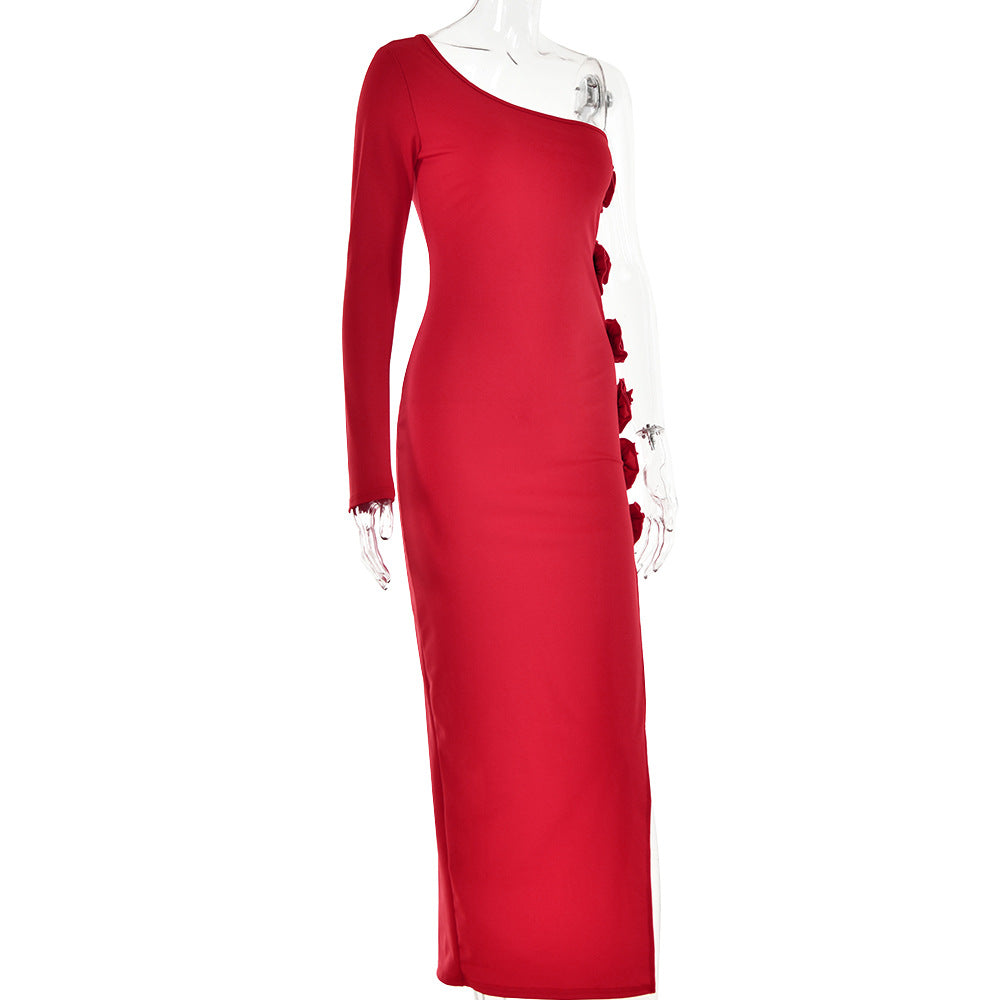 one-shoulder gown with floral side appliqué – Fahapol