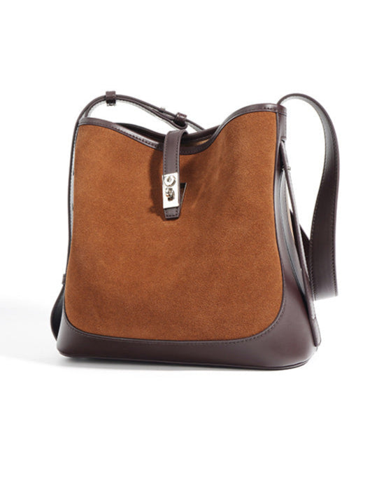 bucket shoulder bag with suede panel and leather trim - AURUXA