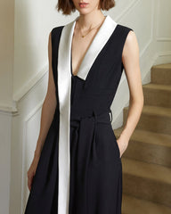 Sleeveless wide-leg jumpsuit with contrast lapel tie - Abrwy