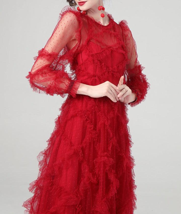 tiered ruffle tulle gown in crimson – Eeshika