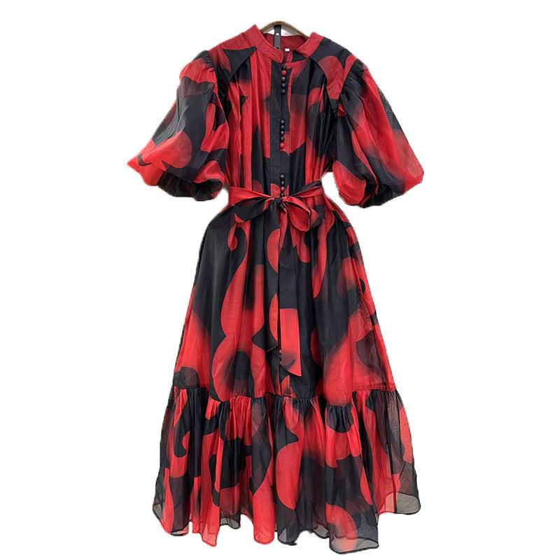 puff-sleeve tiered maxi dress with abstract print – ZARA